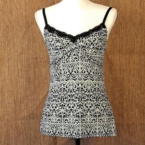 WHITE‎ HOUSE BLACK MARKET Black White Stretch Camisole Lace Trim Slinky M